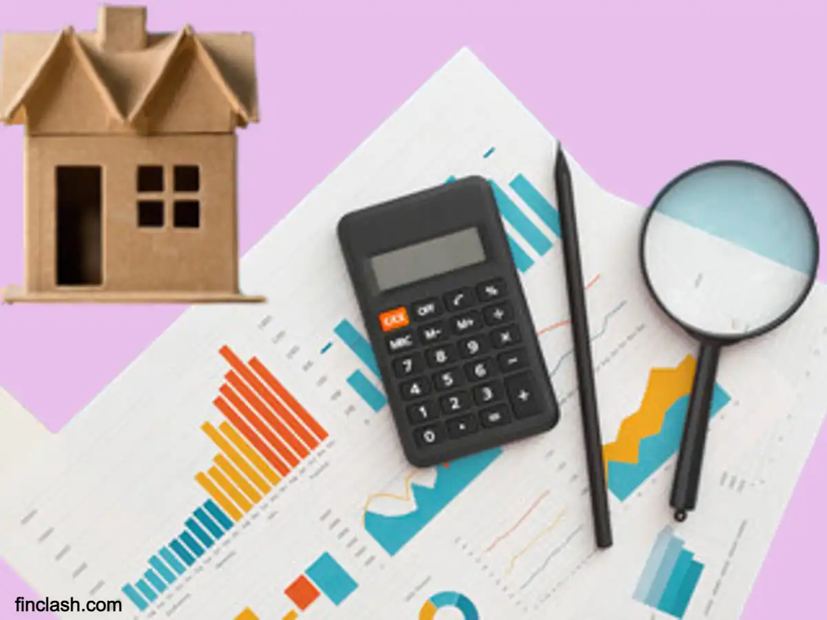 a house, calculator, and microscopic lens that shows analytics of mortgage loan