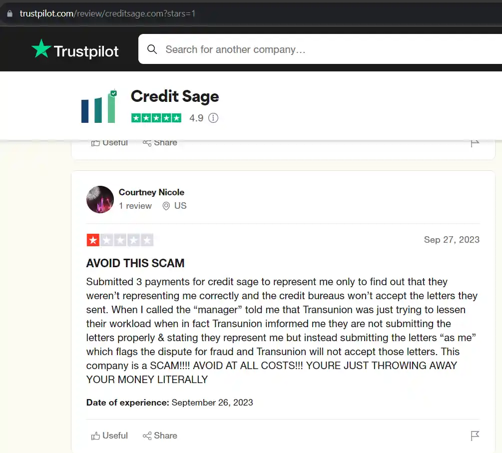 Credit Sage Trustpilot Review 1 Star