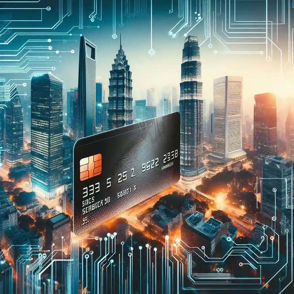 A futuristic cityscape with skyscrapers and digital circuit patterns. An oversized credit card with typical details hovers in the foreground, symbolizing digital finance and fintech innovations.