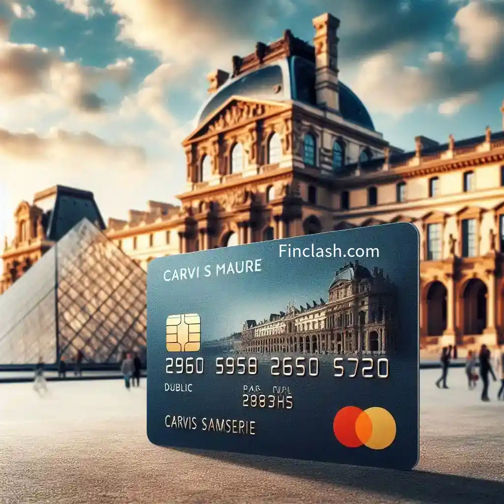 A credit card with the name "CARVI S MAURE" is shown in front of the Louvre Museum and its glass pyramid. The card details are visible, and people are walking nearby.