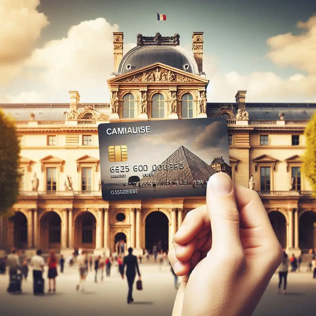 A credit card with the name "CARVI S MAURE" is shown in front of the Louvre Museum and its glass pyramid. The card details are visible, and people are walking nearby.