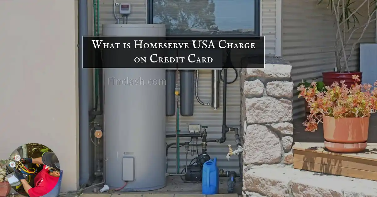 A vertical image of a rusty water heater located outside of a house. Text on the image asks what a Homeserve USA charge is on a credit card.