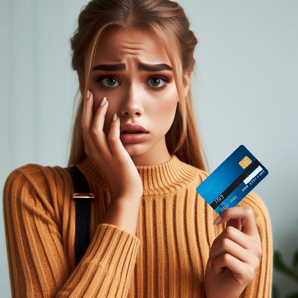 A beautiful worried women holding credit card in right hand