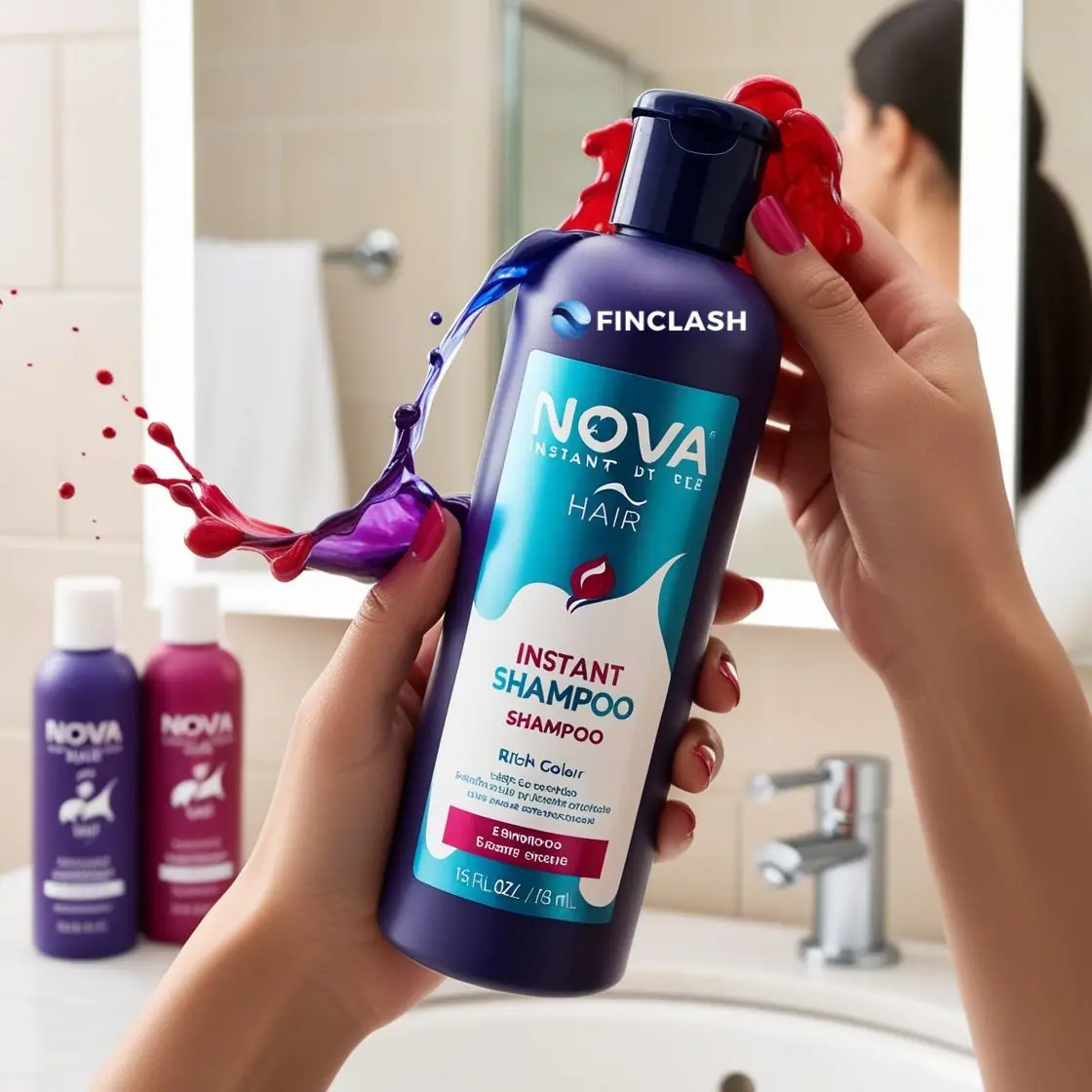  A woman with red hair is holding a bottle of NOVA Instant Color Shampoo. The shampoo is blue and has a splash of red liquid coming out of it. There are other bottles of NOVA Instant Color Shampoo in the background. 