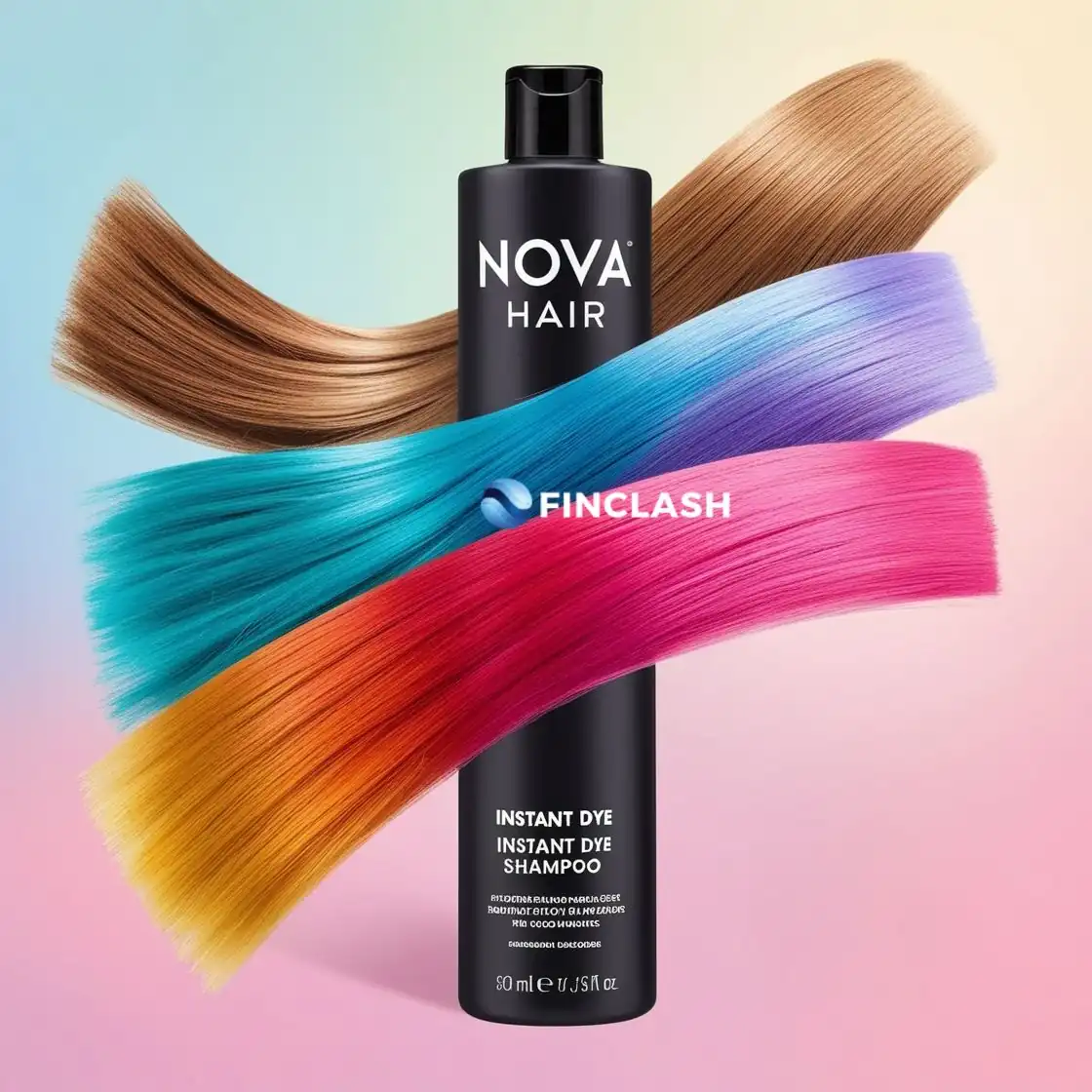 A bottle of NOVA Instant Dye Shampoo is surrounded by colorful hair strands in shades of blue, purple, pink, and orange. The shampoo bottle is black with a blue cap and has text that says "NOVA HAIR Instant Dye Shampoo