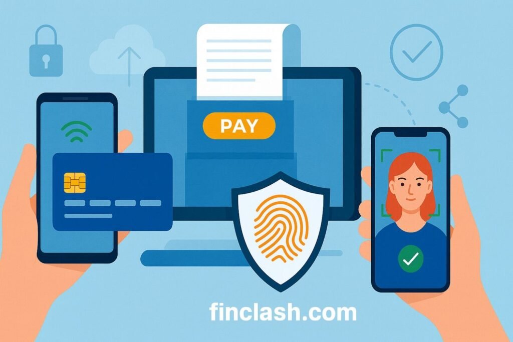 Illustration of digital payment security with contactless card, mobile wallet, facial recognition, and fingerprint shield for fraud prevention in the USA - digital payments fraud prevention usa