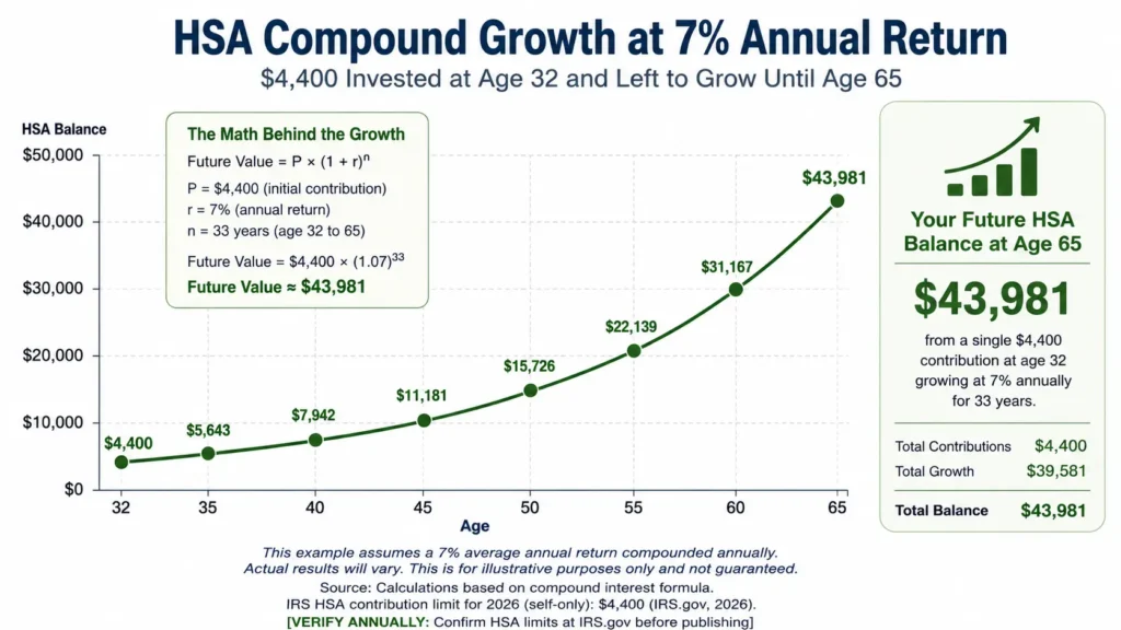 HSA investment growth from age 32 to 65 at 7 percent average annual return.