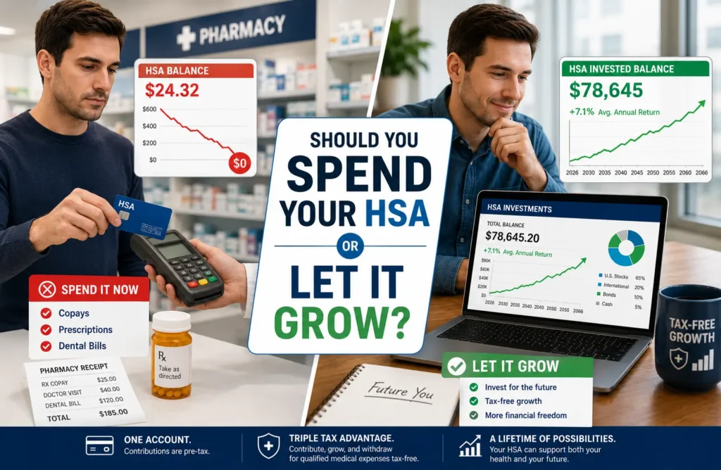 Should You Spend Your HSA Every Year or Let It Grow? Split-screen illustration comparing two HSA strategies: spending HSA funds on current medical bills versus investing HSA money for long-term tax-free growth and retirement savings.